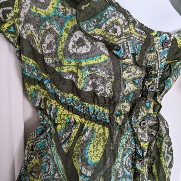 Ruffle cotton silk top abstract print green Large @K1 - Picture 7 of 13
